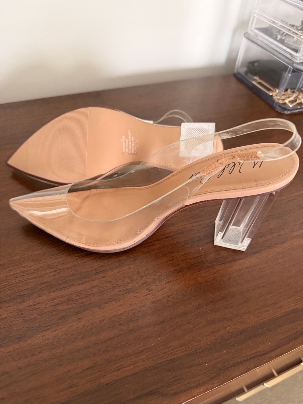 Wild Pair Clear Slingback Pointed-Toe Heels in Nude